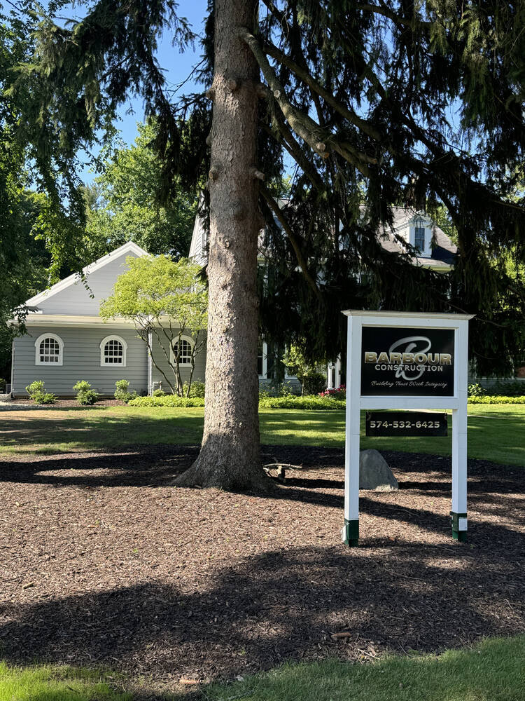 Barbour Construction yard sign in front of custom home project in South Bend, IN.