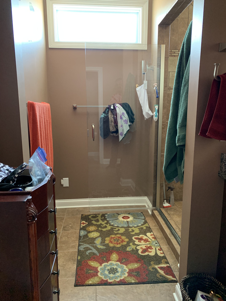 Bathroom before remodel showing enclosed shower and brown walls in South Bend custom home by Barbour Construction.