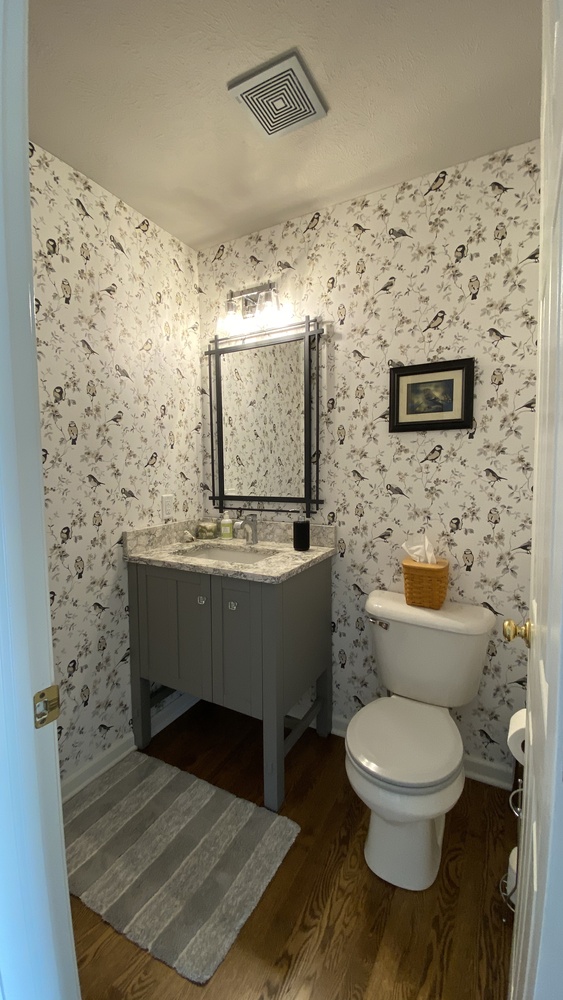 Compact bathroom renovation with gray cabinet and bird-themed wallpaper by Barbour Construction in Goshen, IN.