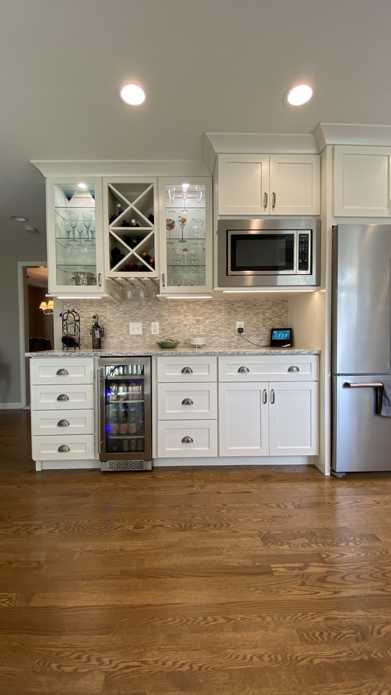 Wine bar and microwave area in Barbour Construction kitchen remodel in Goshen, IN.
