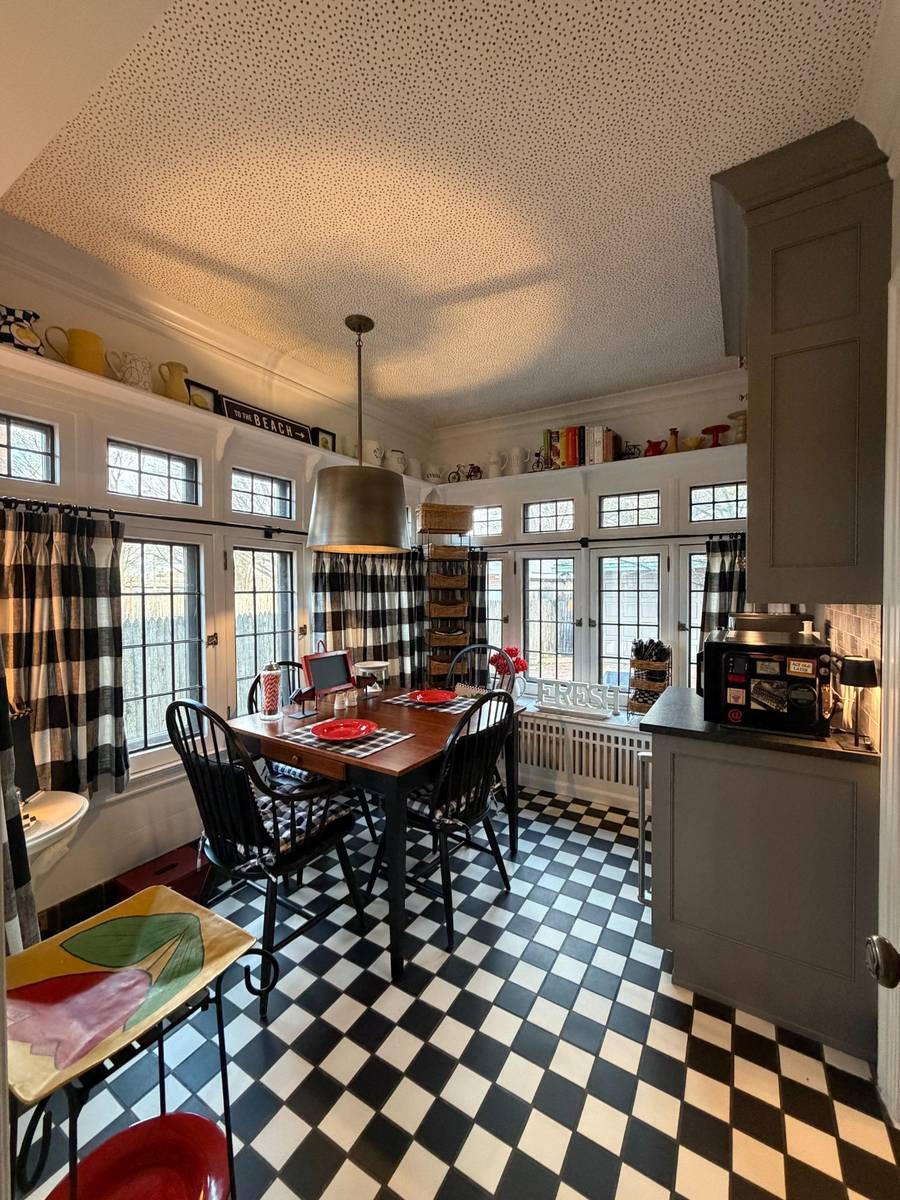 south bend breakfast room remodel checkerboard floor dining table daylight